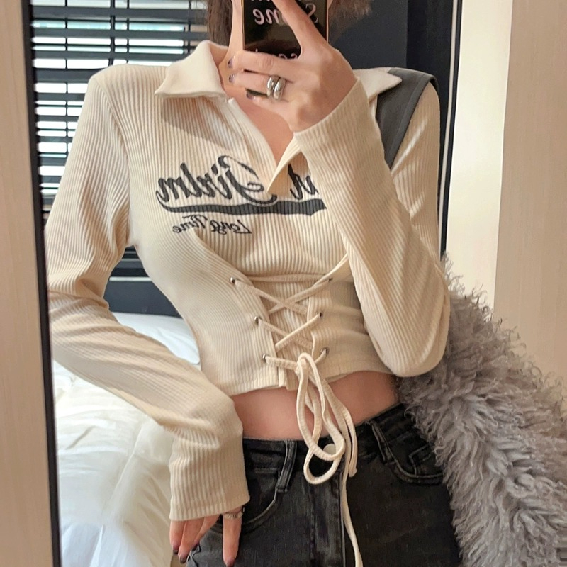 美式Polo領辣妹T恤女字母印花收腰綁帶長袖打底衫短款上衣潮