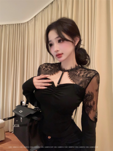 Real shot ~ lace sexy hollow air quality goddess inner wear with beautiful back and neck tie women's all-match top