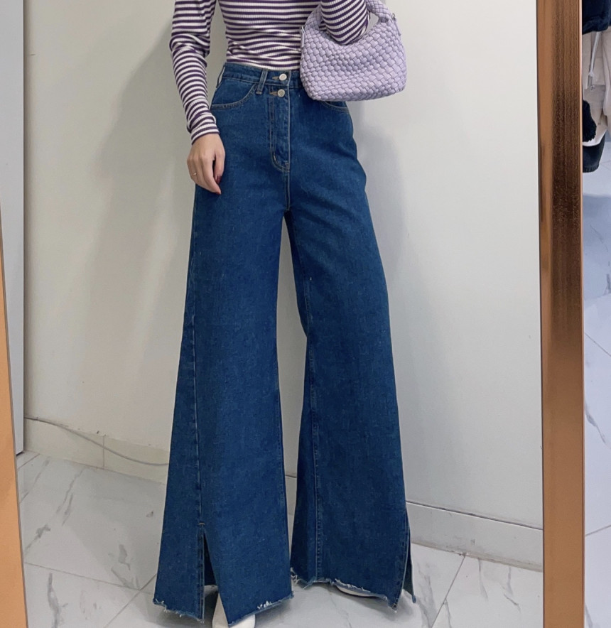 High-waisted slim casual two-button wide-leg raw edge slit jeans