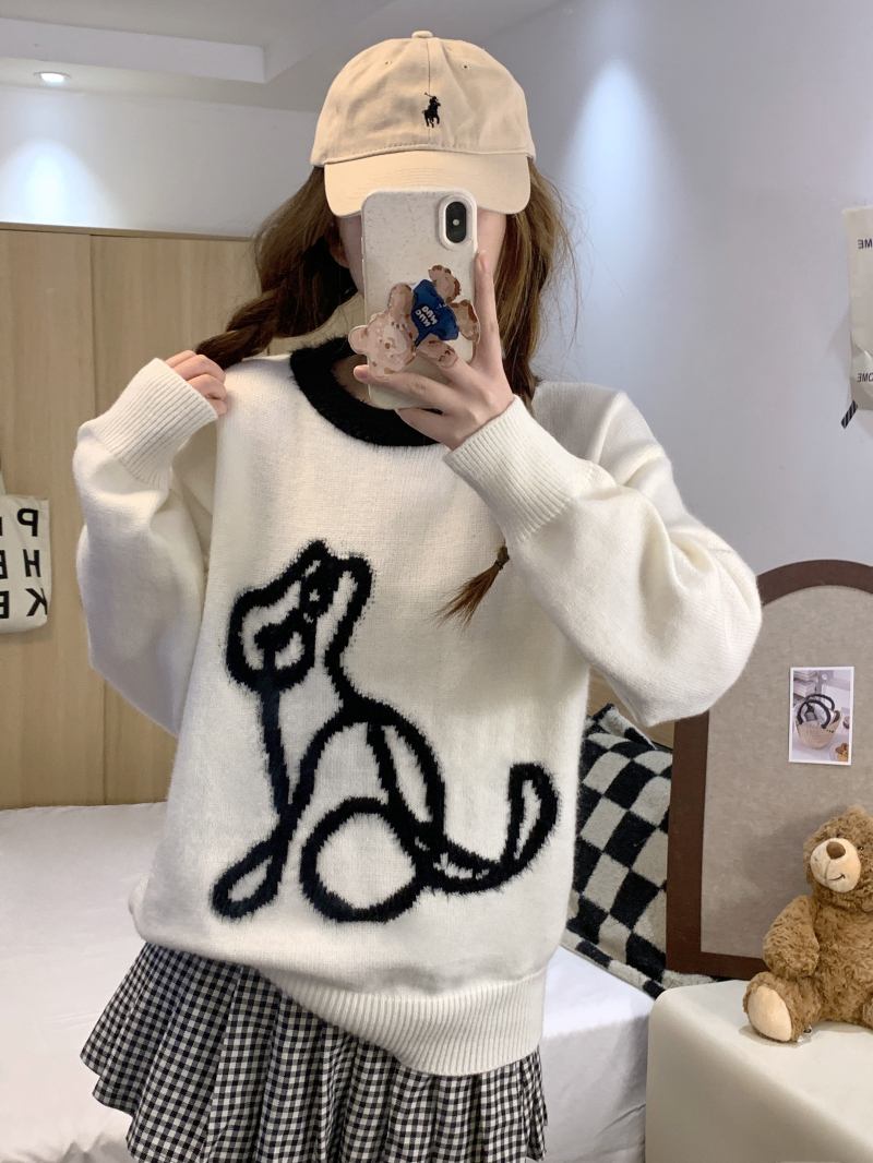 實拍 撞色圓領提花套頭軟糯毛衣慵懶寬鬆甜美百搭洋氣針織衫