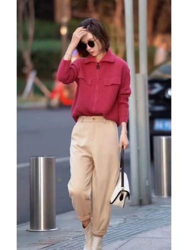 Designed single-breasted POLO collar long-sleeved sweater  autumn new style ladylike slim and versatile sweater
