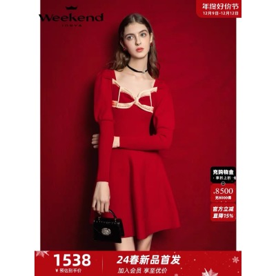 2024春新款新年紅桃心領蝴蝶結羊腿袖收腰針織連衣裙EAF45