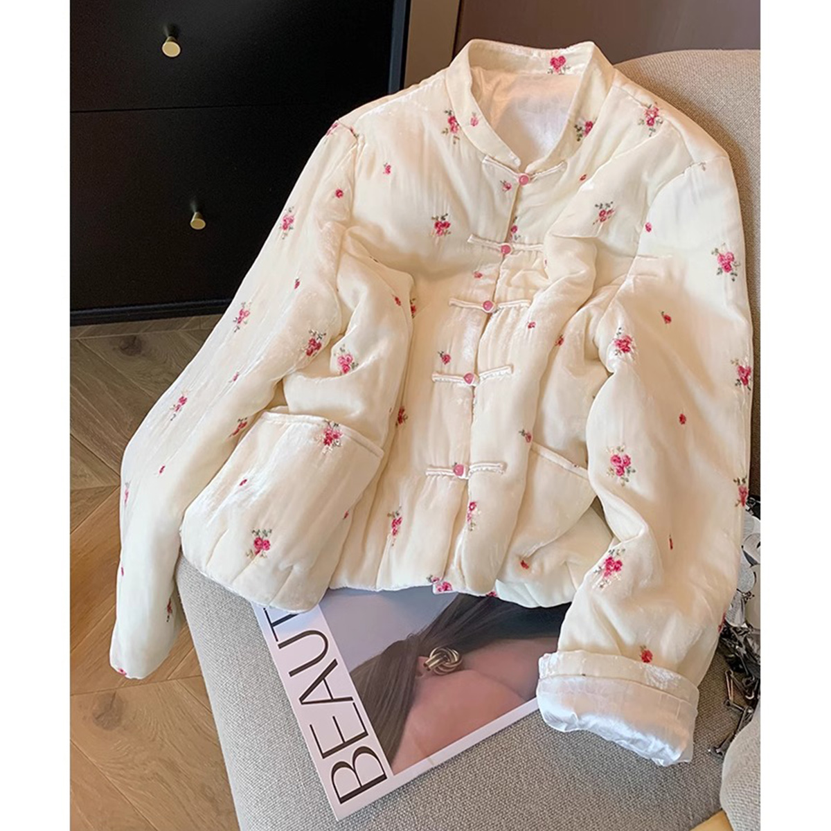Quality Inspection Officer Picture New Chinese Style Disk Button Floral Celebrity Stand Collar Cotton Clothes Women's Winter New Sweet Loose Warm Jackets
