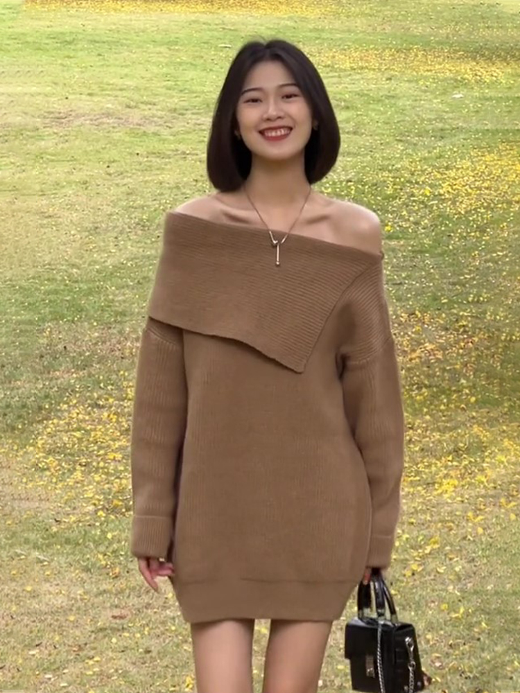 法式一字肩毛衣女2023秋冬韓版溫柔軟糯慵懶風寬鬆顯瘦針織連衣裙
