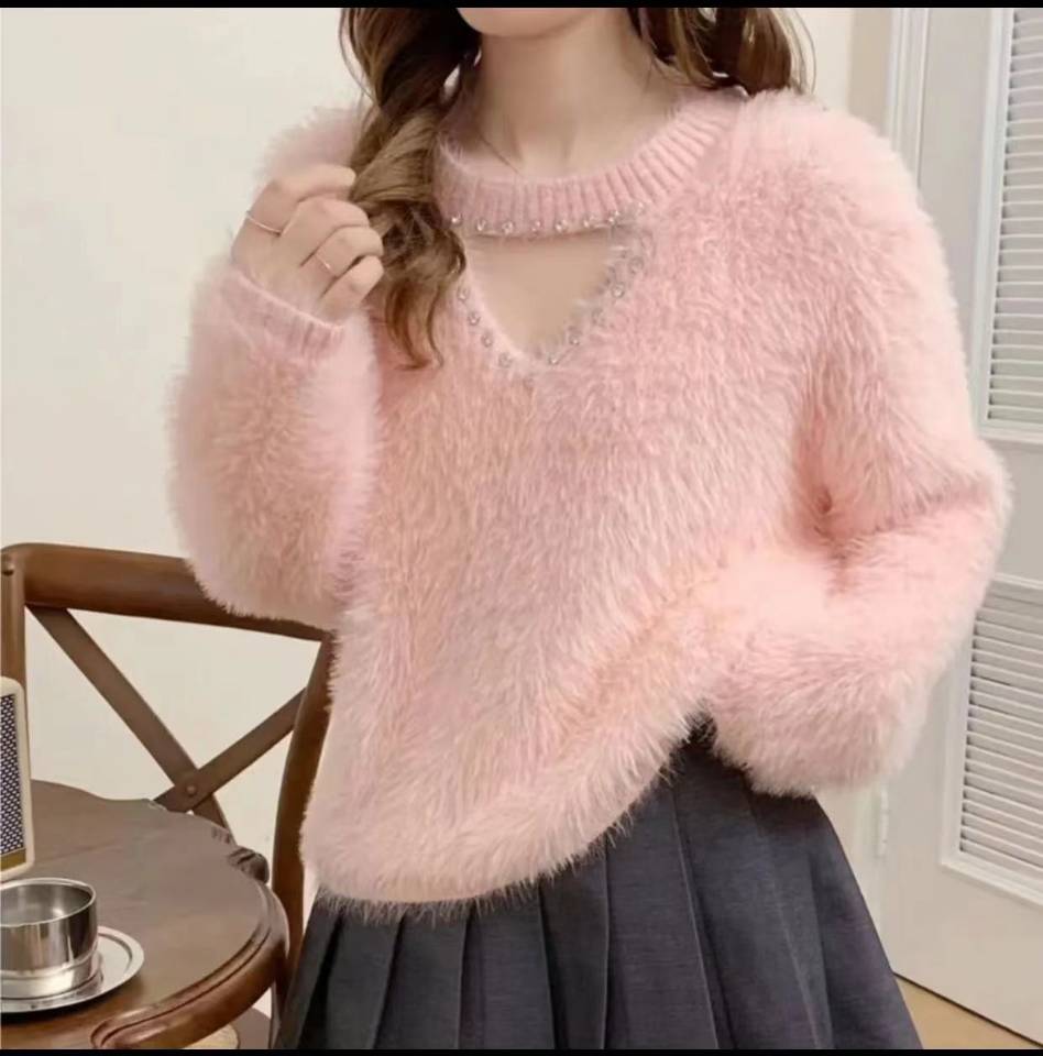 水貂絨紫色毛衣女冬季圓領套頭設計感重工鑲鑽寬鬆慵懶軟糯針織衫