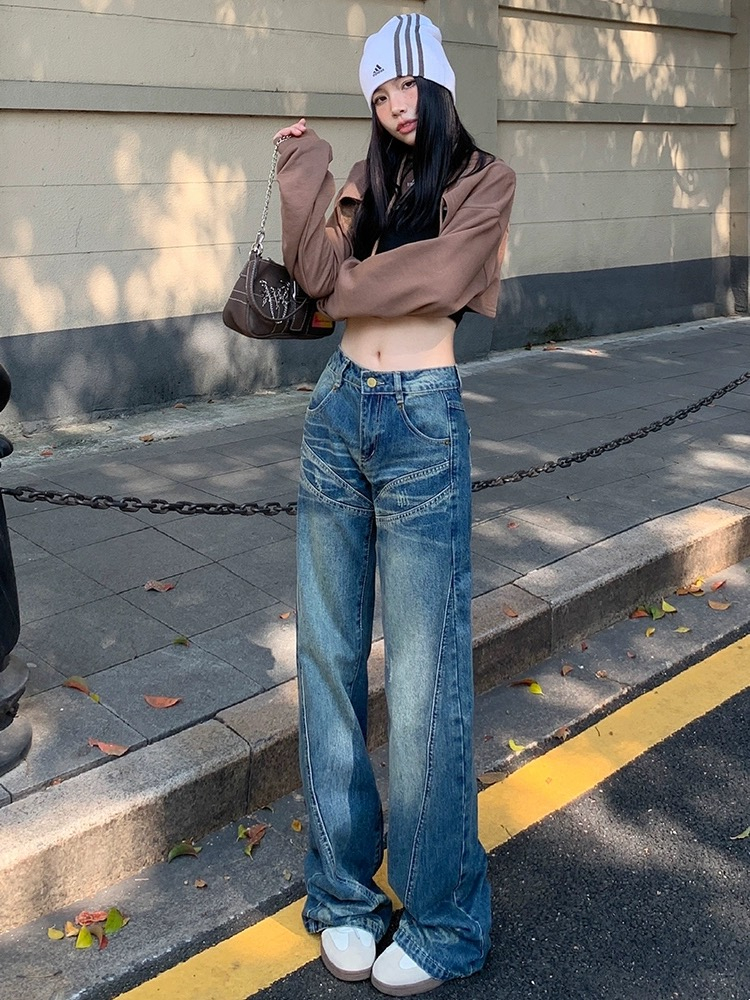 美式復古水洗拼接高腰闊腿牛仔褲女秋冬寬鬆顯瘦百搭垂感長褲