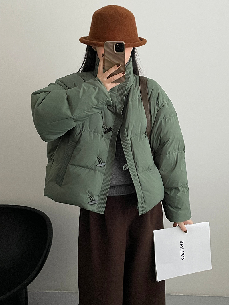 實拍~保暖小麵包復古牛角扣立領羽絨服女短款白鴨絨外套