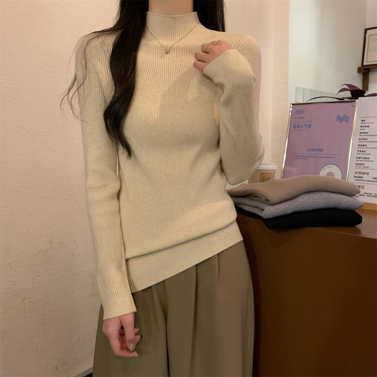 實拍 秋冬韓版修身半高領百搭安迪絨純色內搭針織打底衫毛衣