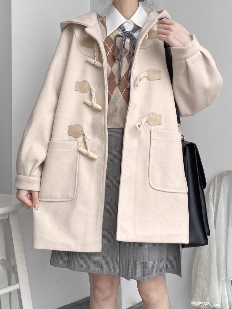 2023秋冬制服牛角扣毛呢外套女學院風小個子中長款連帽呢子大衣