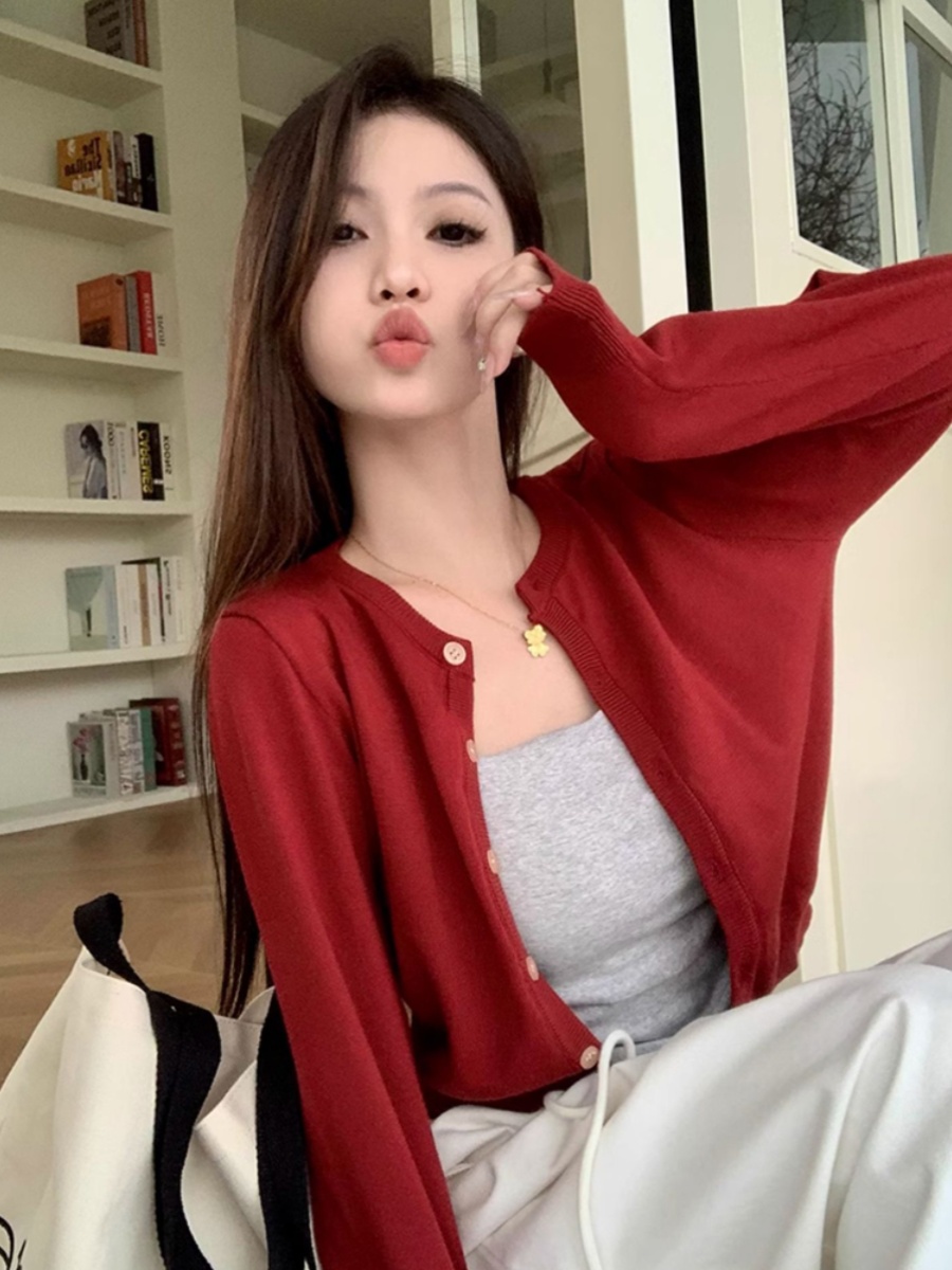聖誕穿搭新年紅色毛衣外套女秋冬新款針織開衫短款上衣小個子