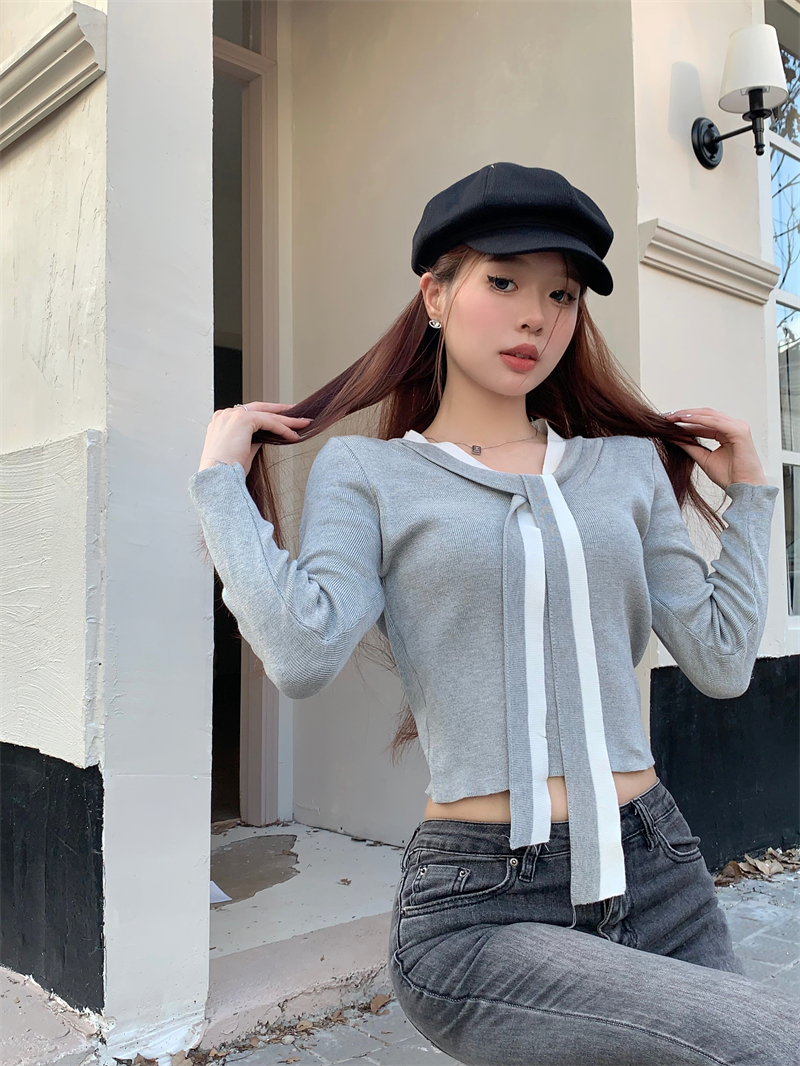 實拍純欲辣妹V領長袖T恤打底衫女性感修身顯瘦設計感小眾上衣