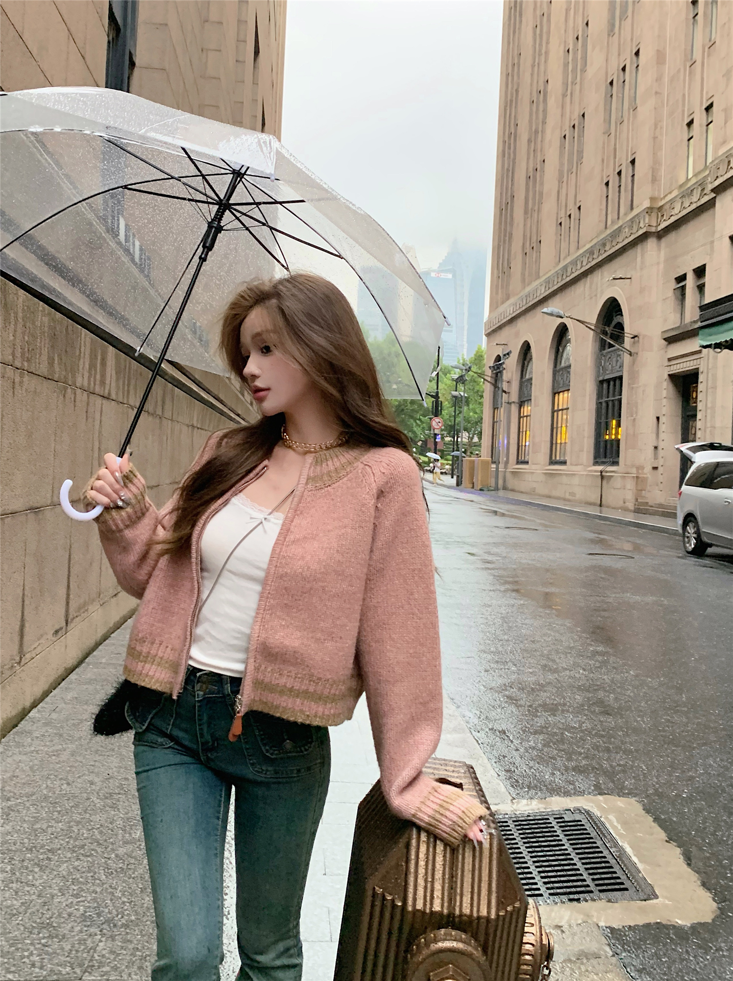 Actual shot ~ 2023 new winter Korean style age-reducing contrasting double zipper short cardigan sweater for women