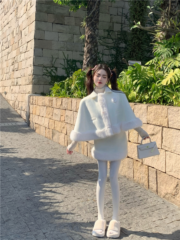Real shot!  Stylish design, warm temperament, cute furry cape and hip skirt suit