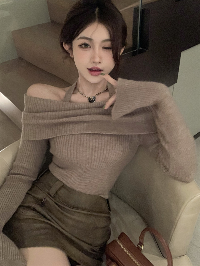 秋冬季新款大朗針織衫露肩掛脖長袖修身辣妹純欲風女裝毛衣上衣