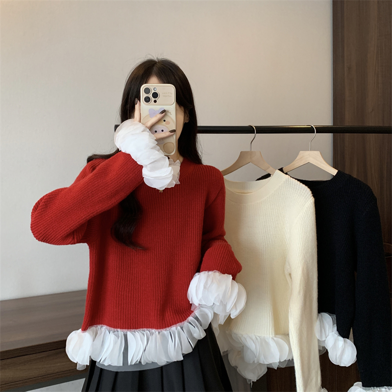 實拍  新款法式復古設計感拼接花瓣細閃圓領短款套頭毛衣女針織衫