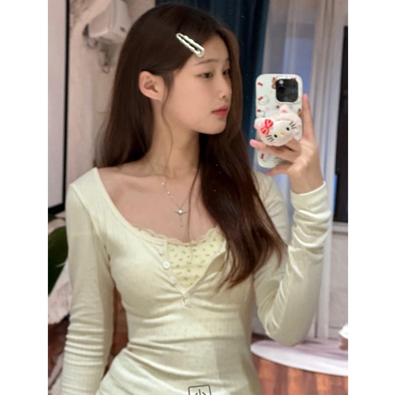 設計感小眾碎花假兩件長袖T恤女秋冬杏色內搭修身打底衫短款上衣