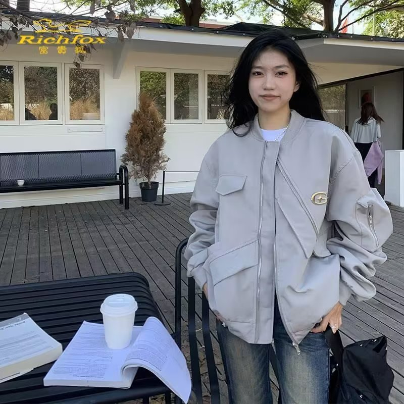 Hong Kong style retro trendy iron label high-end jacket for women autumn and winter 2023 new jacket loose workwear couple tops