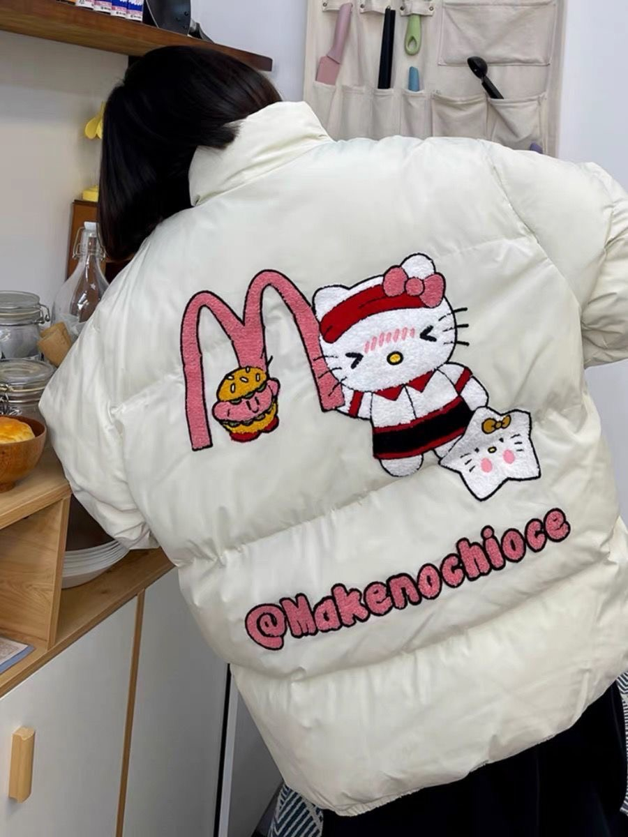 秋冬棉衣美式高街立體毛巾繡M貓情侶棉服外套寬鬆冬季