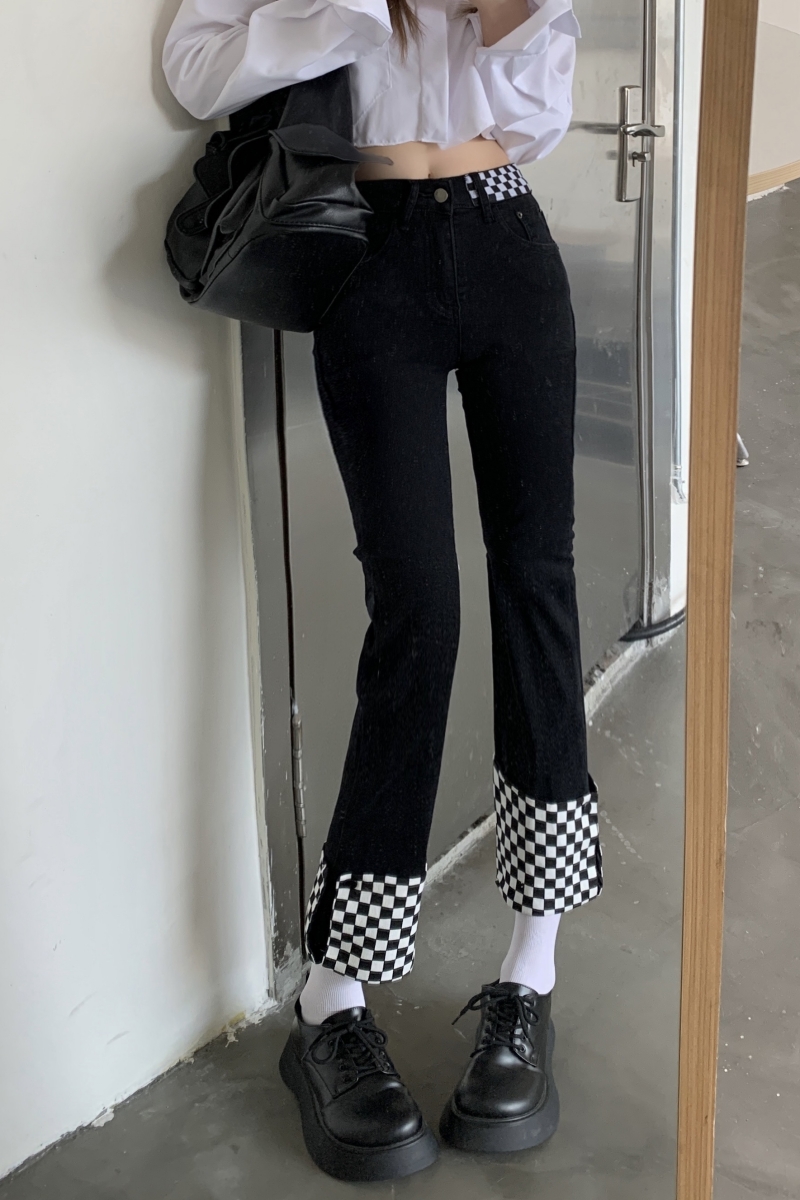 實拍 彈力高腰九分煙管褲黑白棋盤格直筒牛仔褲女