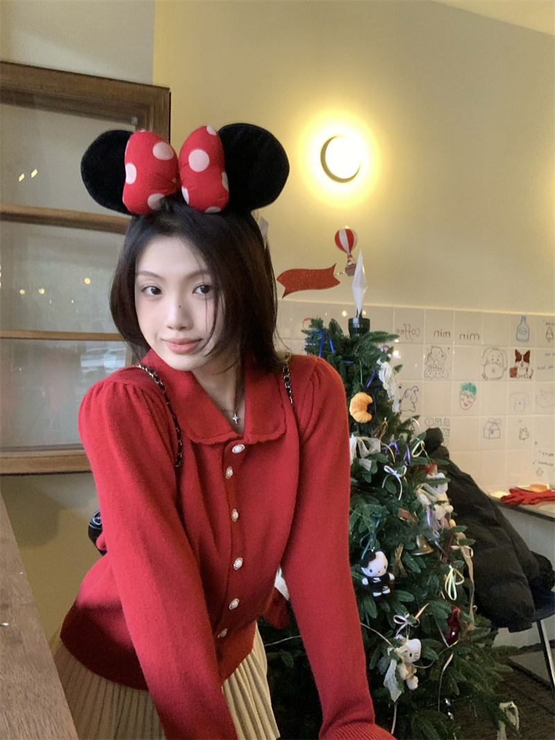 實拍~聖誕新年氛圍感復古紅色翻領毛衣娃娃領針織開衫上衣