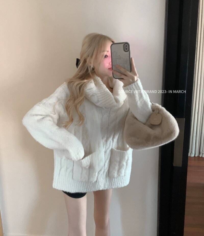 Suuuice Crushed Ice◆Yuexia White Tea Loose Pure Desire Turtleneck Sweater Women's Ribbon Bow Knit Sweater