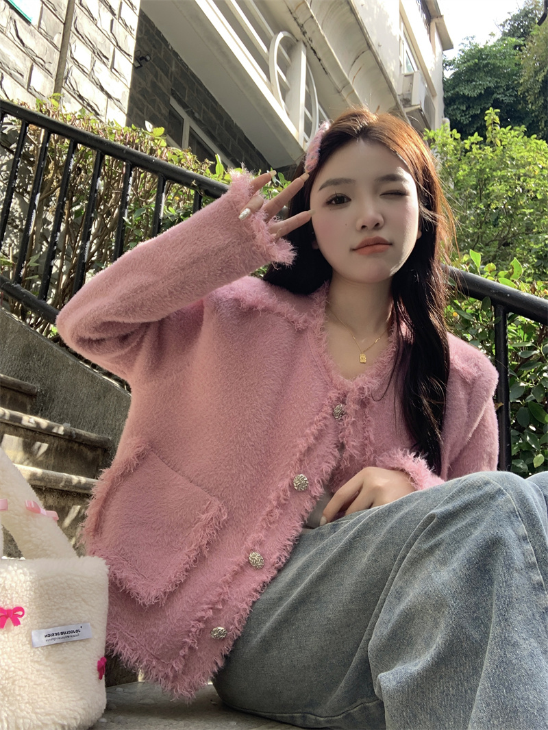 實拍韓版小香風甜美設計感開衫高級感毛織外套