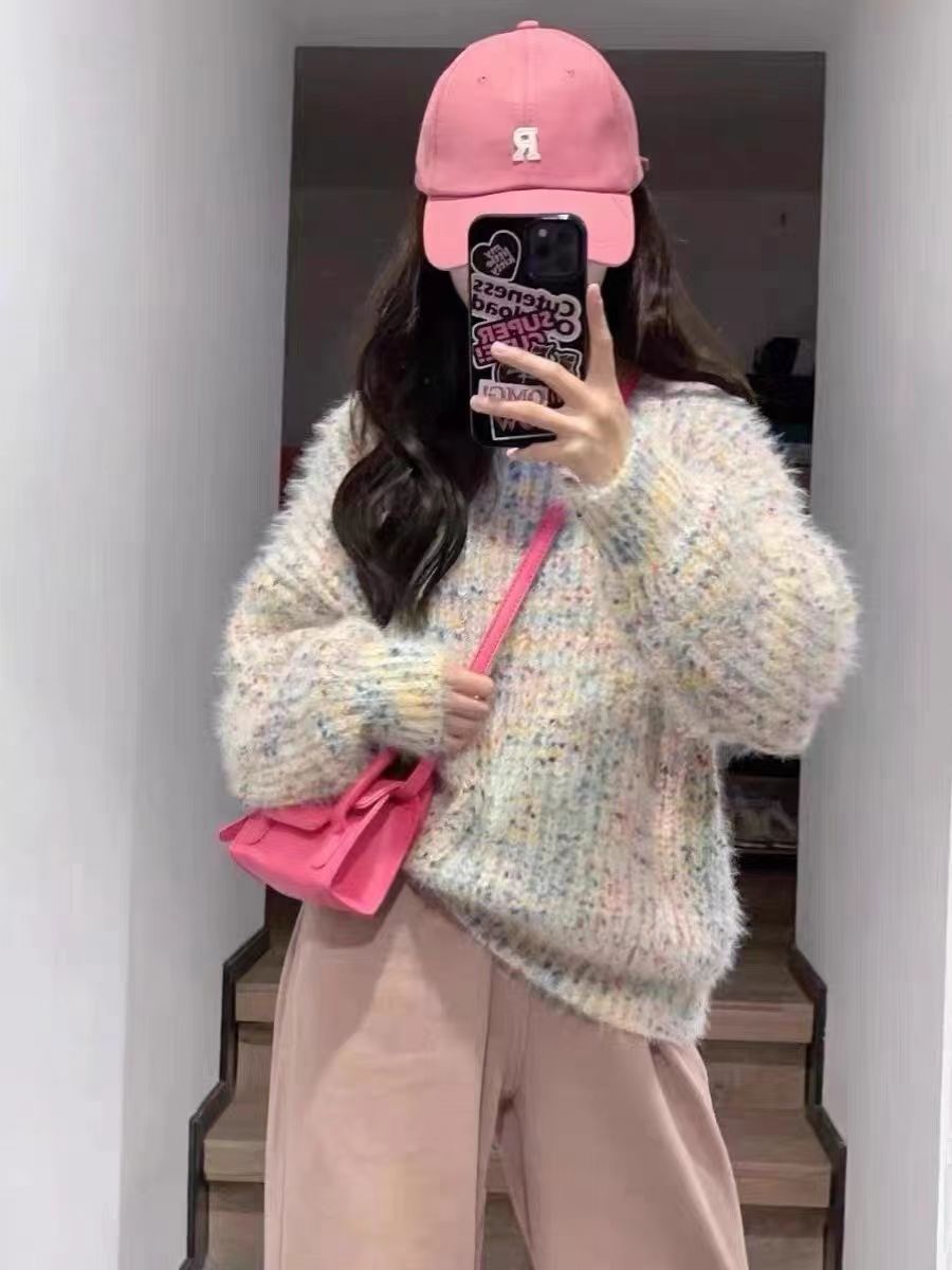 秋冬新款奶系穿搭上衣溫柔彩點慵懶風水貂絨毛衣寬鬆百搭小眾別致