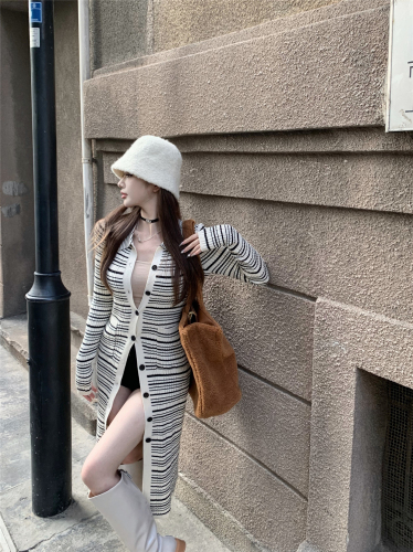 Actual shot~French striped knitted Polo dress for women mid-length stretch slim fit slit hip skirt winter