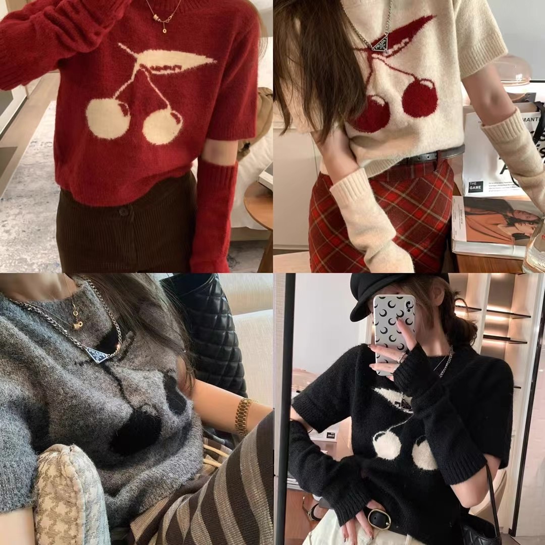 Cherry sleeve sweater for women in winter 2023 new style with atmospheric cut-sleeve design and foreign style short knitted top