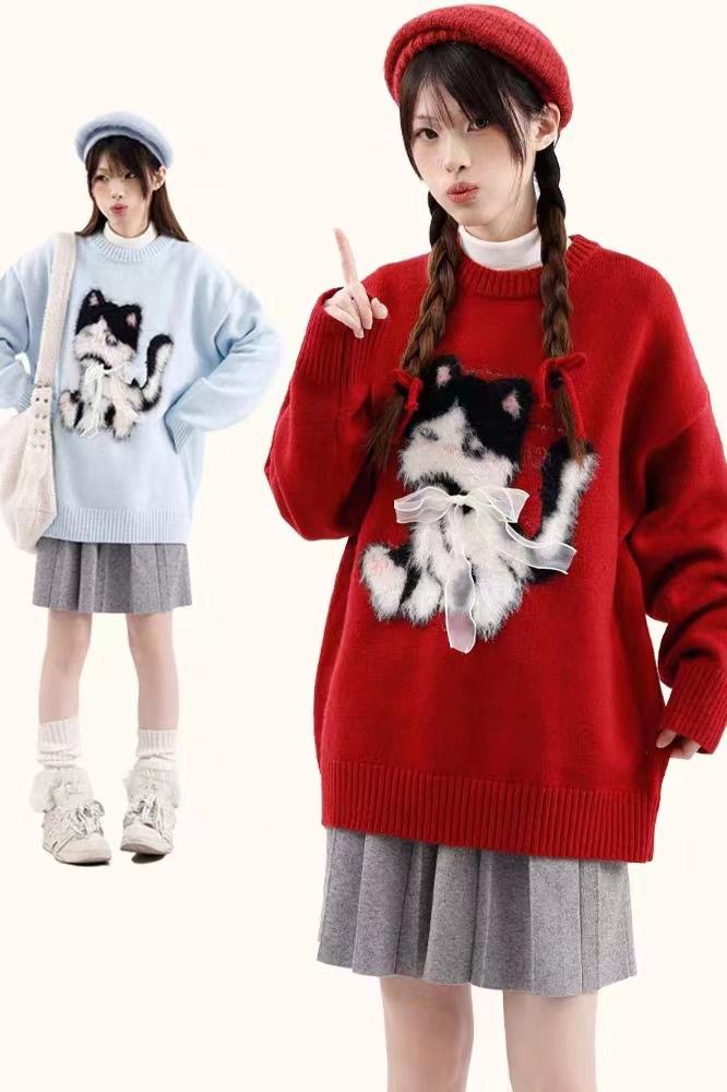 RWOB cute flocked cat Christmas wear New Year sweater women's autumn and winter new lazy casual sweater top