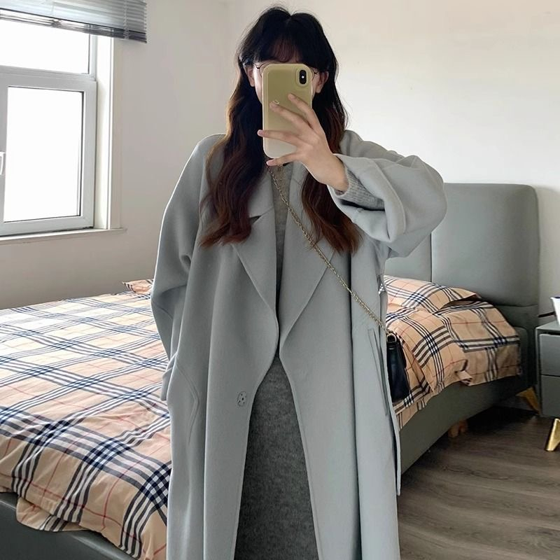 淺藍毛呢女秋冬2023新款呢子大衣中長款溫柔學院風小個子毛呢外套