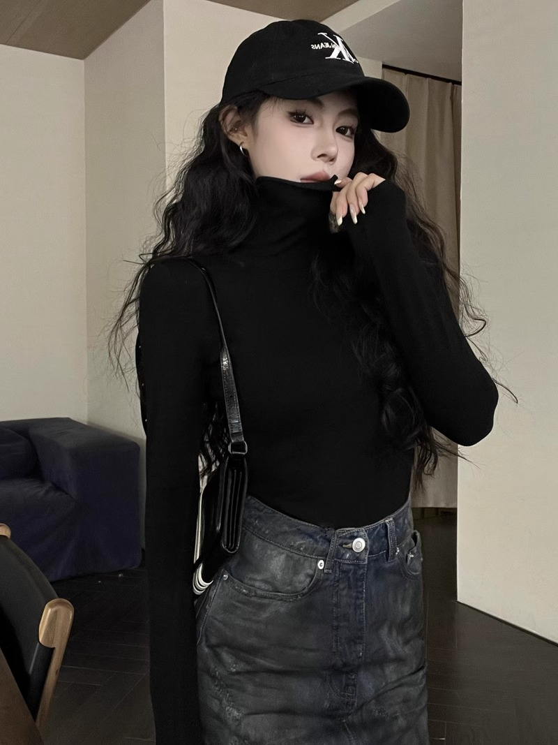黑色緊身高領內搭長袖T恤女秋季純欲風辣妹修身顯瘦打底衫