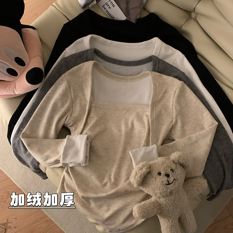 Real shot of autumn and winter thickened German velvet warm square collar design irregular long-sleeved slimming bottoming shirt top