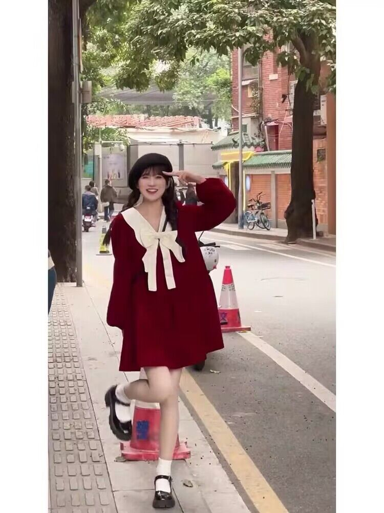 秋冬聖誕甜美學院風蝴蝶結連衣裙女拼接公主袖高腰修身顯瘦A字裙
