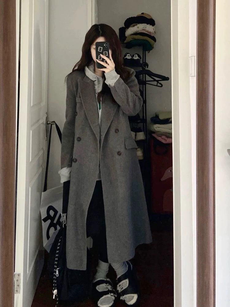 灰黑色呢子大衣女2023年新款毛呢外套秋冬季小個子高級感赫本風