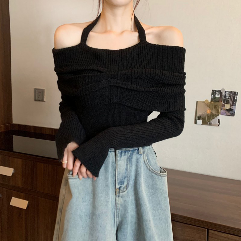 質檢官圖新款法式設計感一字肩上衣女百搭掛脖修身顯瘦針織毛衣