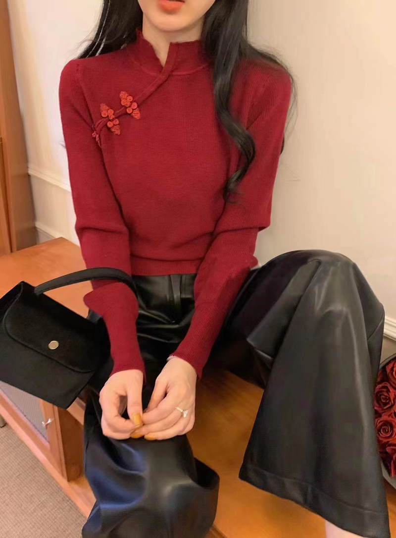 新年氣質國風復古盤扣設計感修身毛衣打底針織衫秋冬新款洋氣