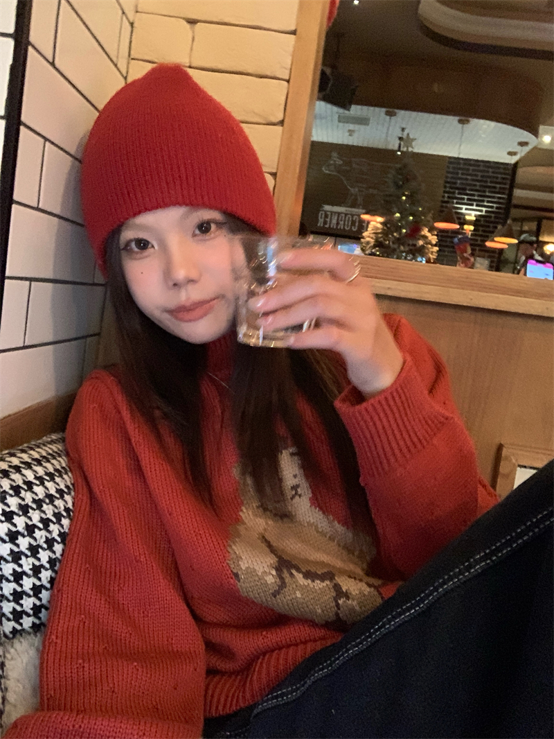 實拍   新款 小熊可愛紅色毛衣氛圍感顯白寬鬆針織衫女