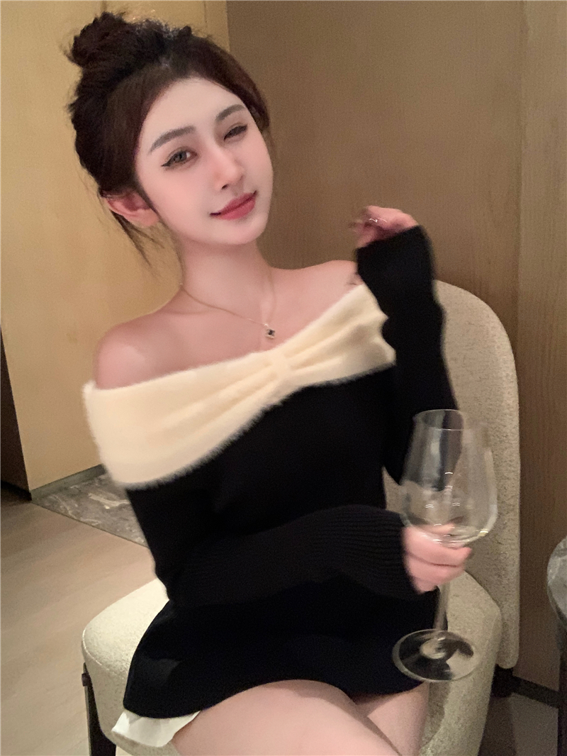 Real shot of French New Year red bow one-shoulder sweater with ruffled edge knitted sweater top