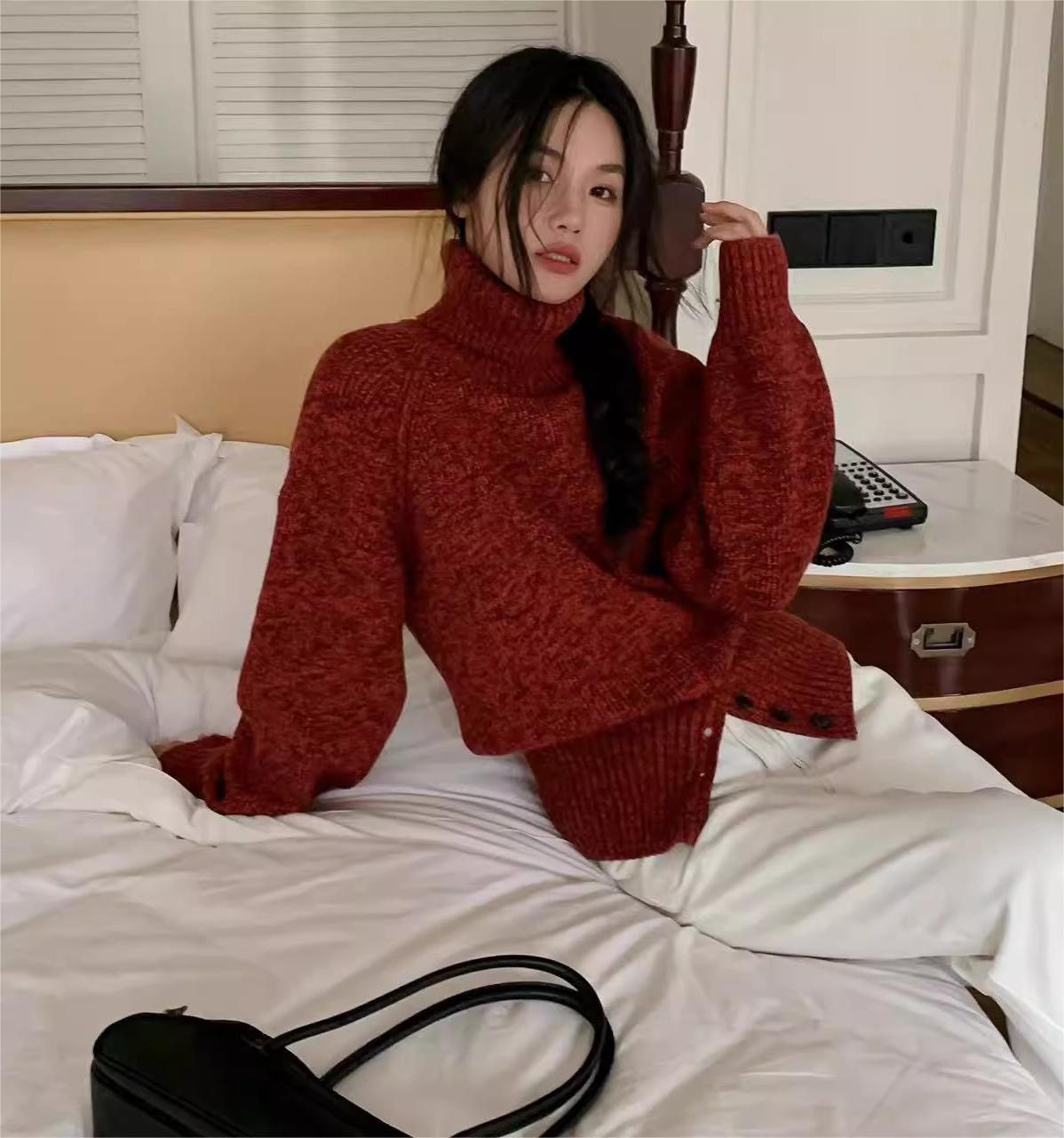 Winter new Korean style loose high collar solid color design hem button slit high lapel thickened bottoming sweater