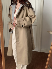 Actual shot~All three standards~Korean version of khaki fake two-piece patchwork hooded coat, versatile mid-length windbreaker