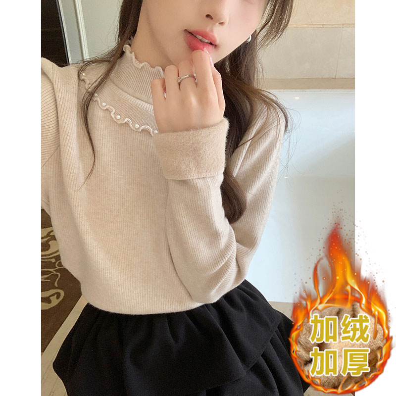 實拍加絨半高領打底衫女秋冬針織衫毛衣設計感木耳邊法式上衣