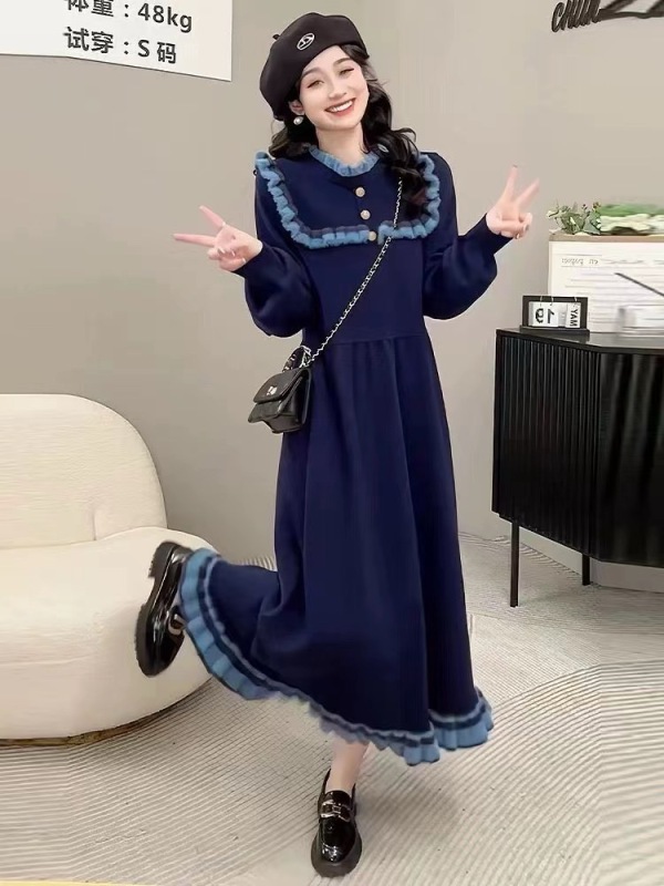 秋冬新款甜美風圓領撞色拼接木耳邊收腰顯瘦褶皺泡泡袖長裙連衣裙