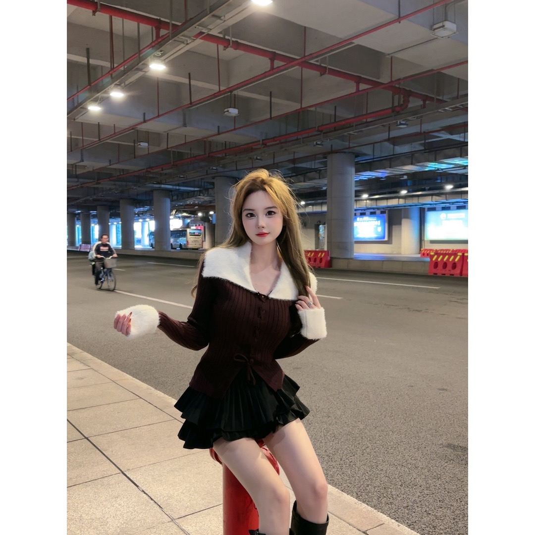 Fur collar stitching lace-up drawstring sweater bottoming shirt for women autumn and winter outer wear high-end fur inner knitted top