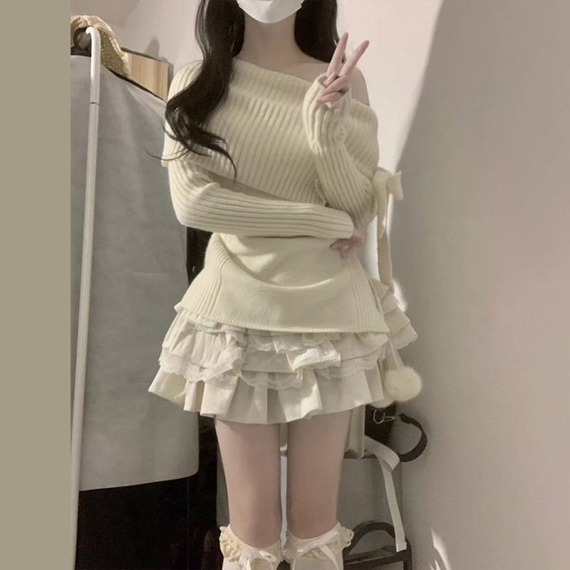 一字肩蝴蝶結針織上衣2023新款高級感小個子內搭打底毛衣女秋冬季
