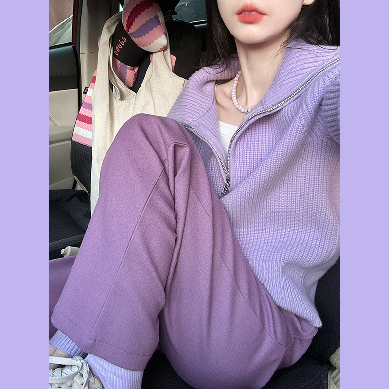 紫色翻領拉鏈毛衣外套女秋冬季2023新款加厚針織開衫寬鬆上衣