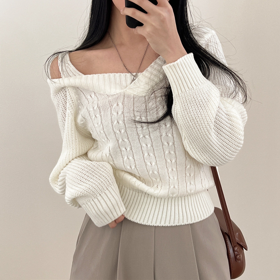 Korean chic retro twist V-neck off-shoulder fake two-piece long-sleeved knitted sweater for women