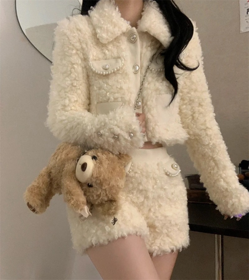 實拍女秋冬新款高級感氣質名媛短款毛絨外套包臀短裙兩件套