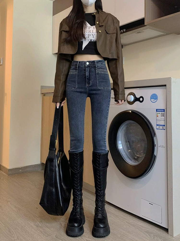 藍灰色小腳牛仔褲女2023秋季小個子高腰顯瘦修身緊身鉛筆褲子