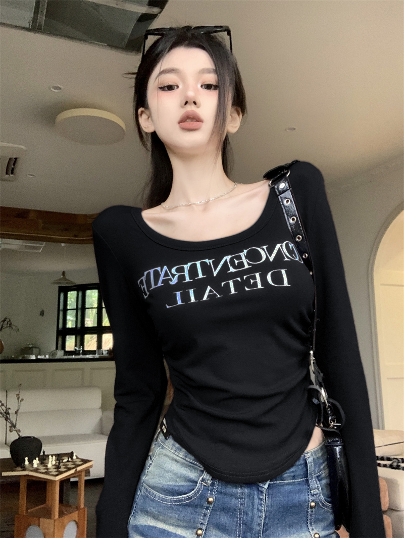 實拍 粉色字母印花長袖t恤打底衫2023新款修身辣妹短款高腰上衣